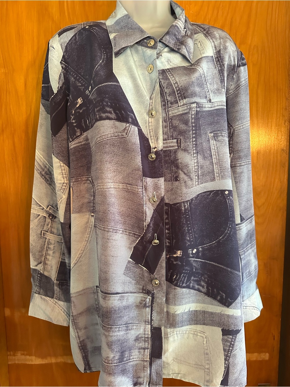 Diane Gilman 100% Silk Denim Print Tunic Blouse NWT 1X